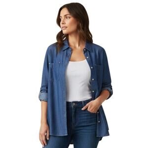 JNY Blue Chambray Long-sleeve Button-down Shirt in Dark Wash Women's 3X